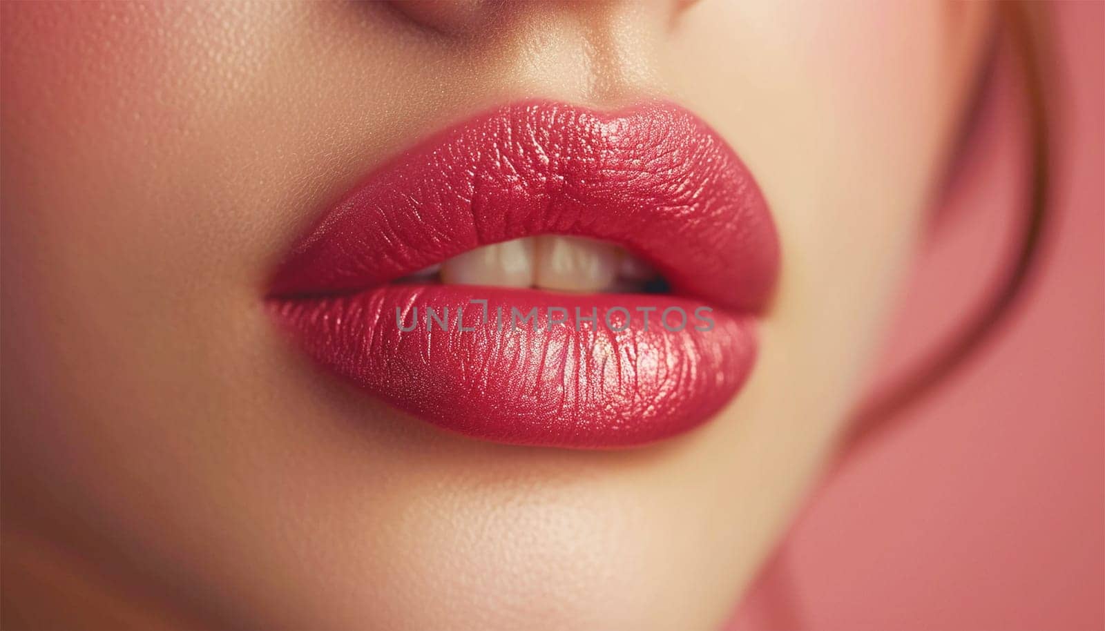 Beautiful lips Close-up. Makeup. Lip matte lipstick. Sexy lips. Part of face, young woman close up. perfect plump lips bodily lipstick. peach color of lipstick on large lips. Perfect makeup Copy space fashion beauty concept by Annebel146