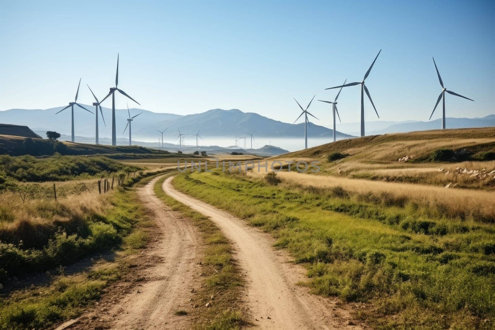 A wind farm with massive wind turbines.