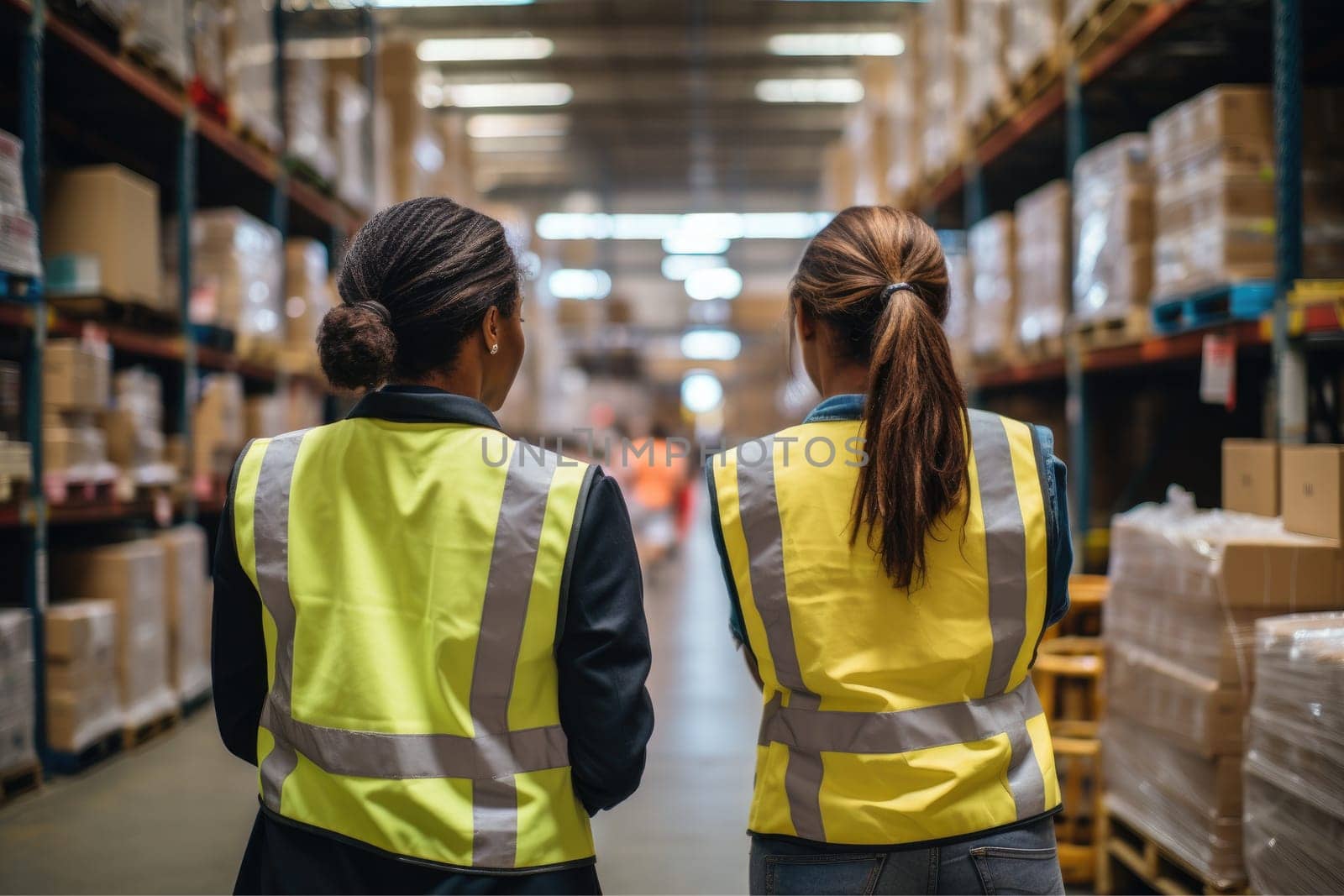Women in large warehouse taking inventory with tablet, AI Generative.