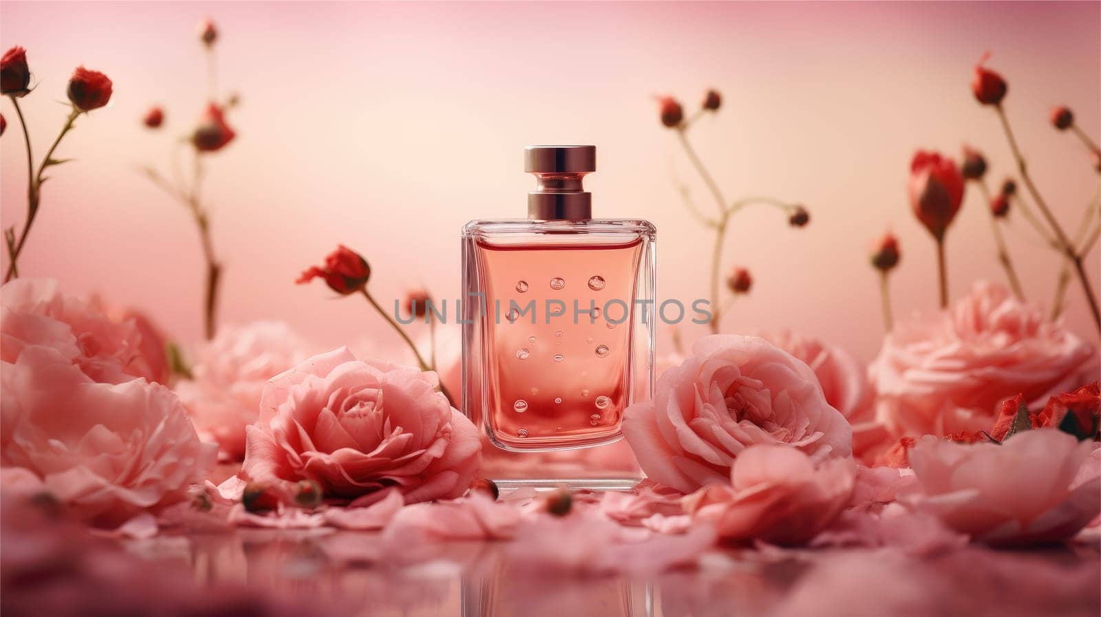 Mockup Perfume bottle with flower minimalism texture photography, Showcase Product, AI Generative.