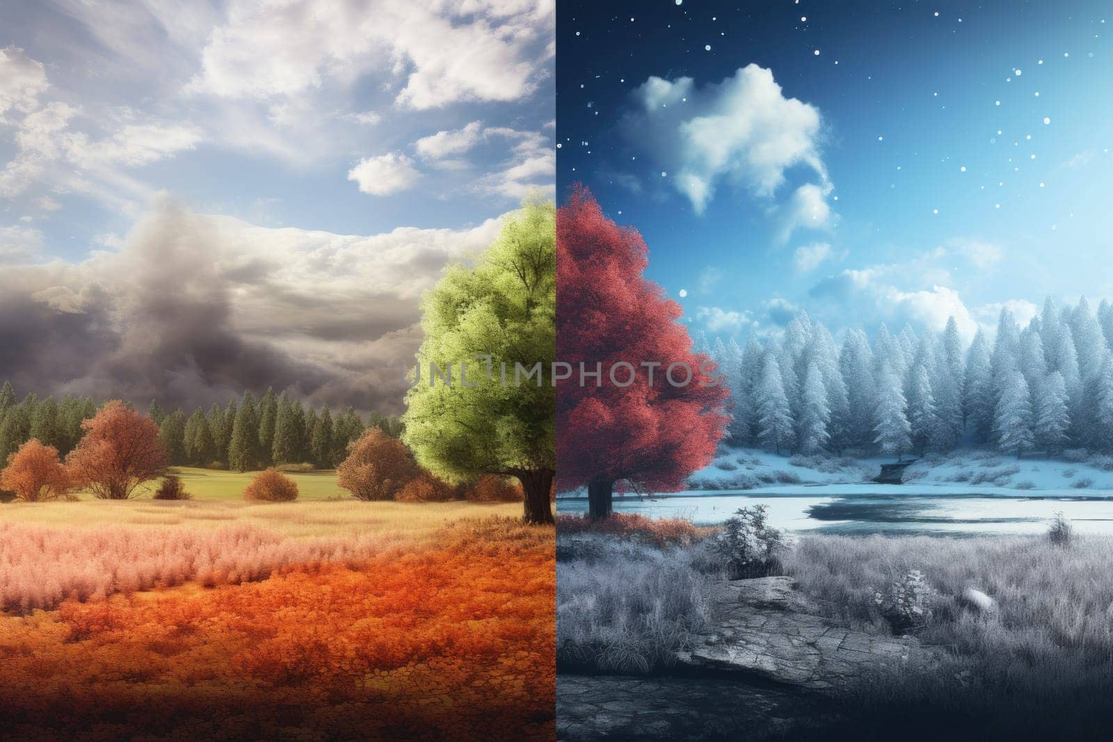 Abstract collage with mixed different sides of tree with changing seasons, Summer vs Winter by nijieimu