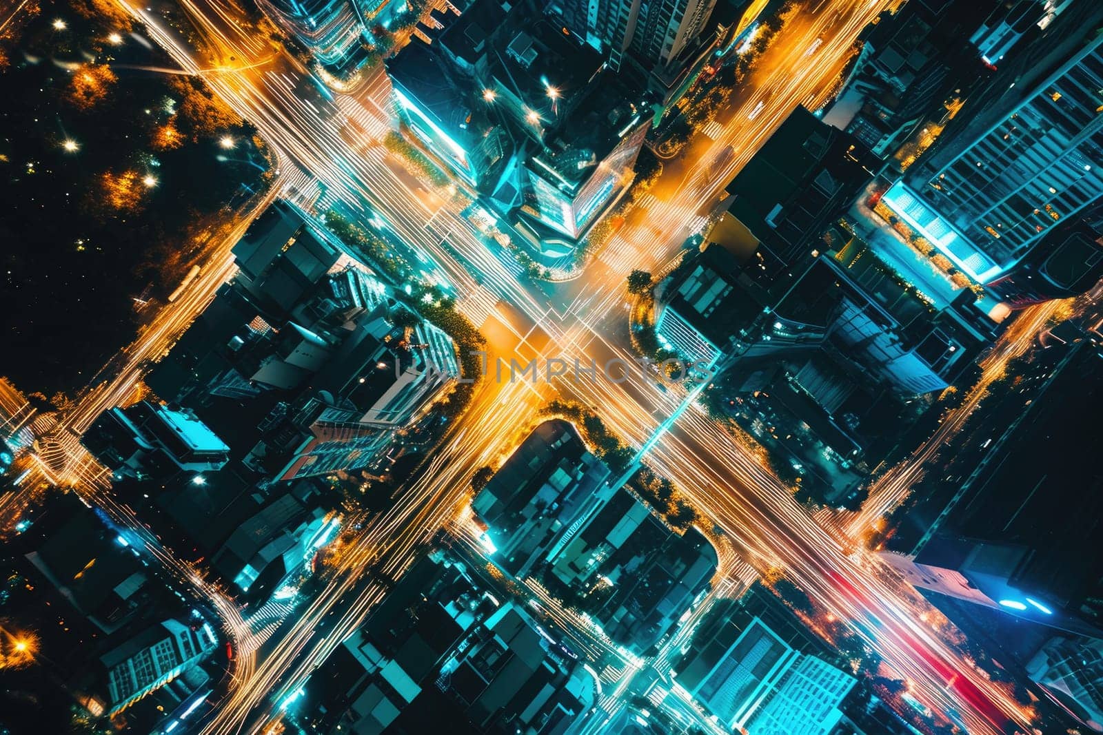 Aerial view of a city street at night time, long exposure of the car lights.