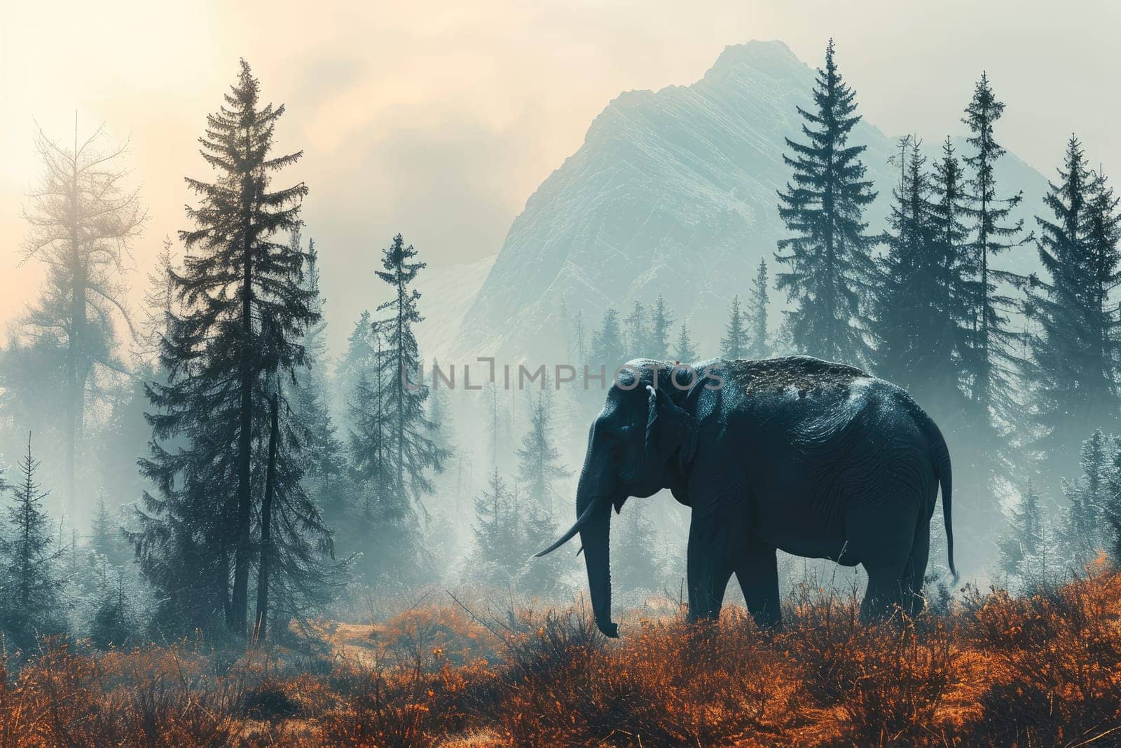 elephant in the forest, Wildlife background, silhouette elephant in the forest.
