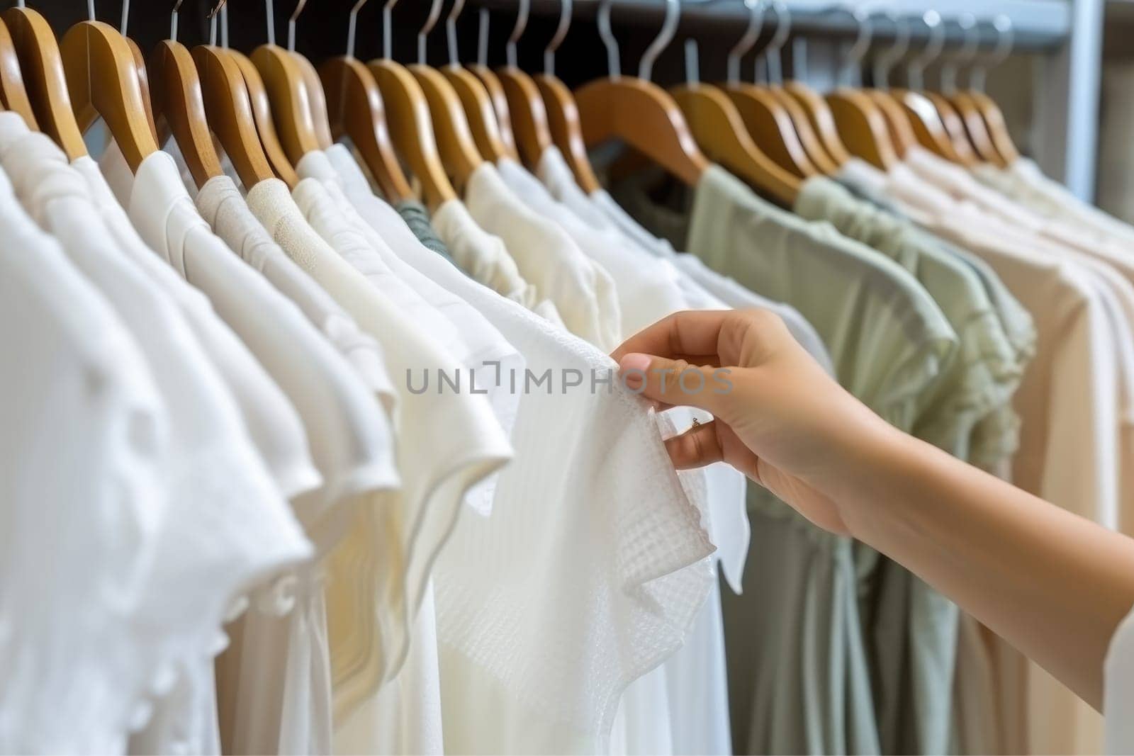 Close up of Female Hands Plucked Hanger Choosing Clothes in a Clothing Store, Generative AI.