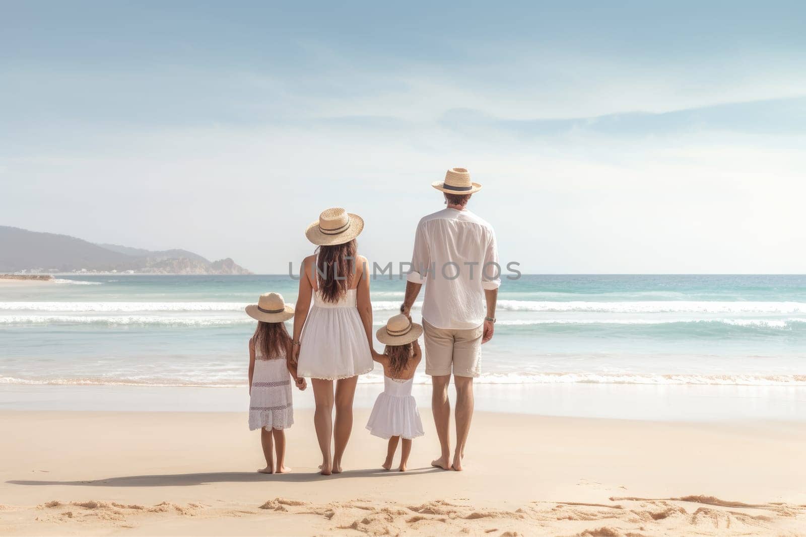 Beautiful family on vacation at beach, Family vacation holiday, AI Generative.