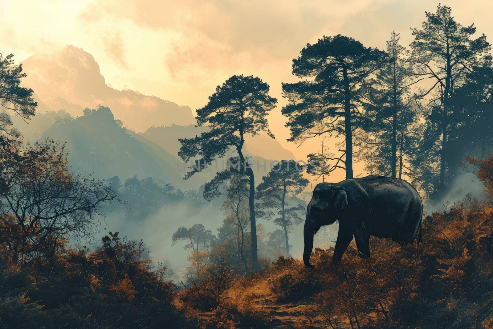 elephant in the forest, Wildlife background, silhouette elephant in the forest.