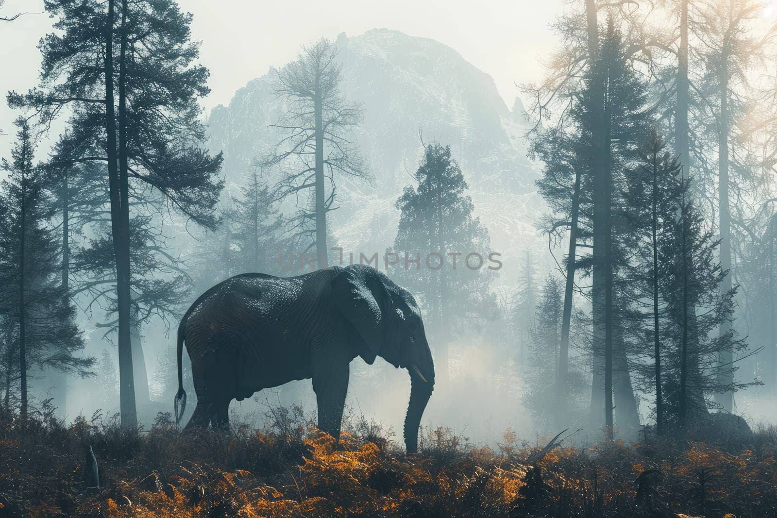 elephant in the forest, Wildlife background, silhouette elephant in the forest.