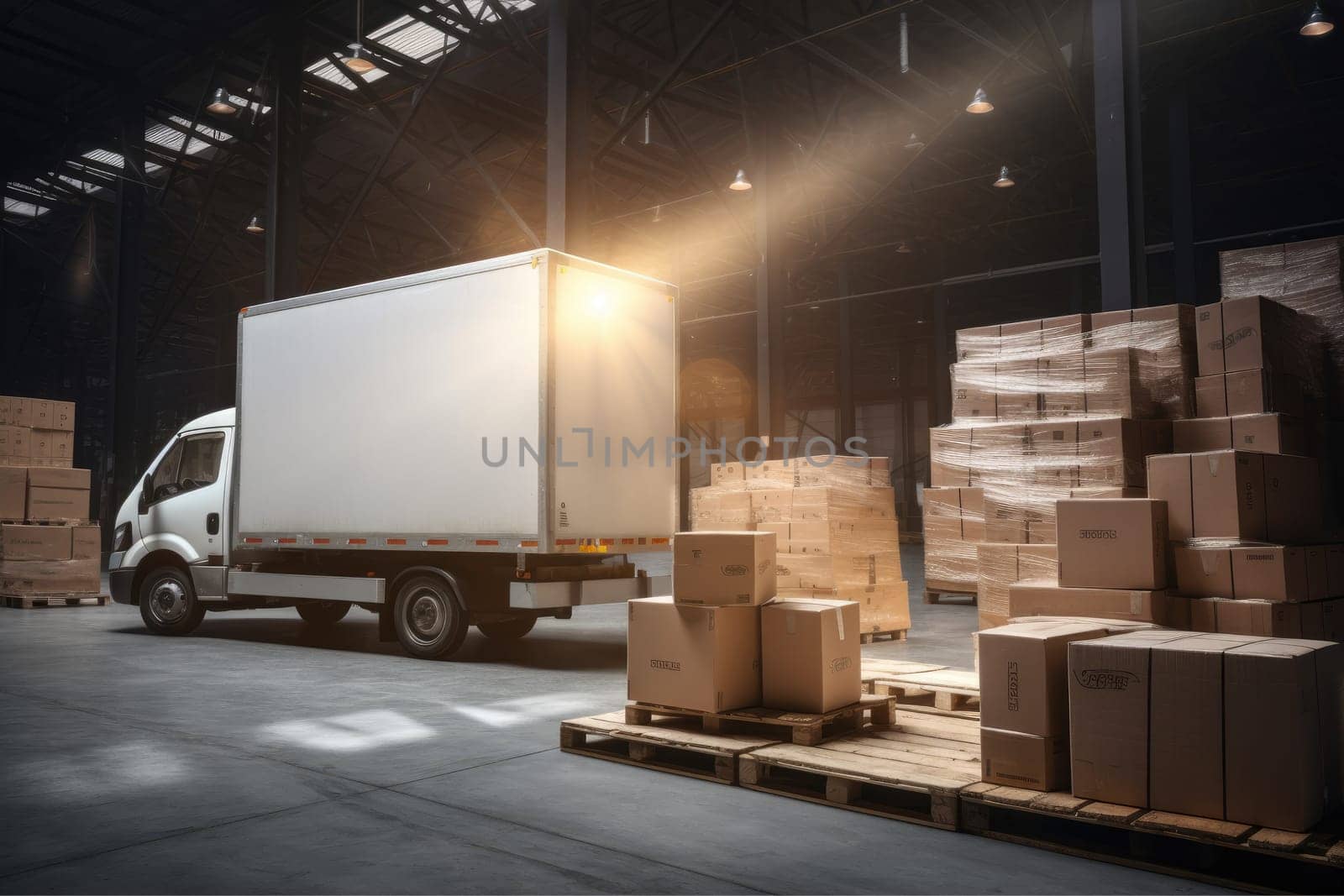 Delivery truck at warehouse for advertising, Delivery Van, Outside of Logistics Retailer Warehouse.