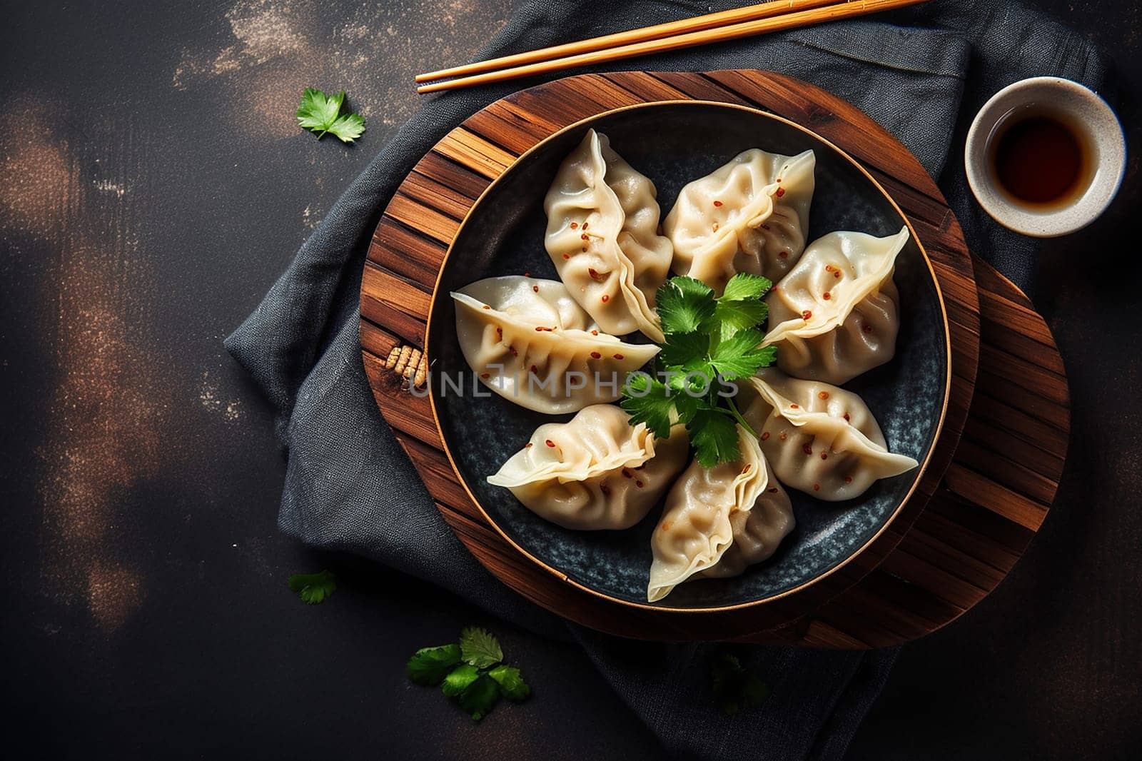 Steamed dumplings on a round plate with dipping sauce and chopsticks