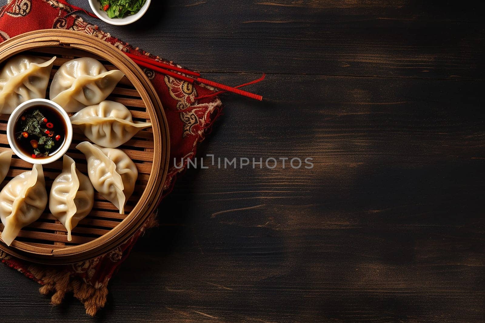 Steamed dumplings in bamboo steamer with dipping sauce on the side