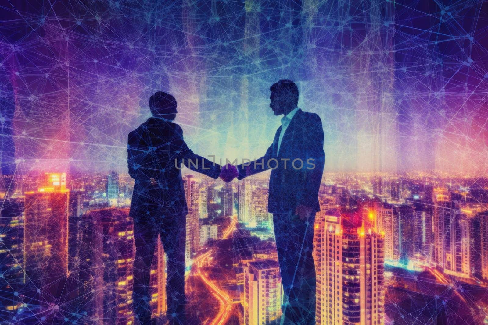 Double exposure on business people closing a deal with a handshake by nijieimu