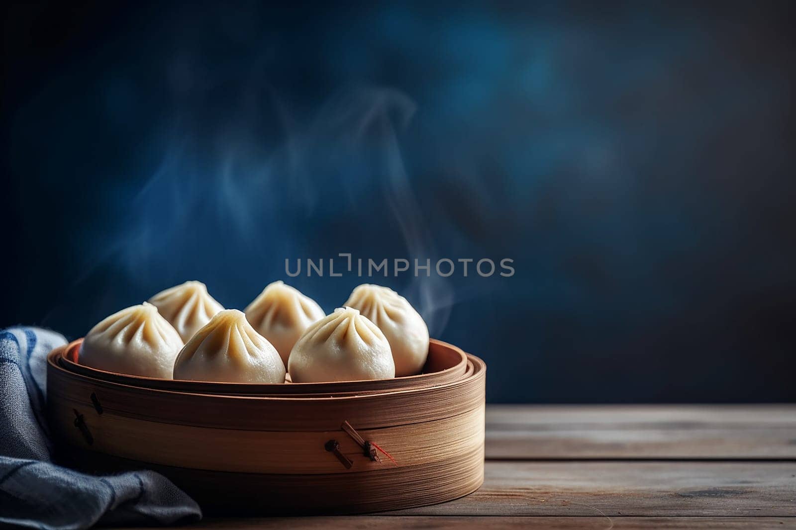 Steaming dumplings in a bamboo basket on a wooden surface.