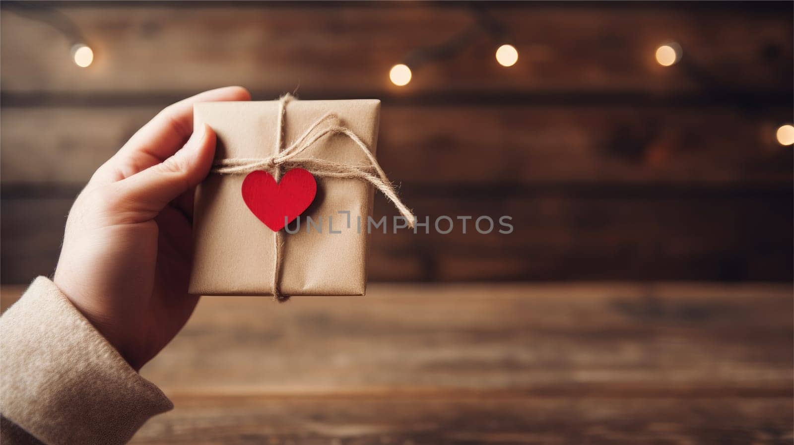 A hand holding a valentine gift tag, Romantic gift surprise, Valentines day, AI Generative.