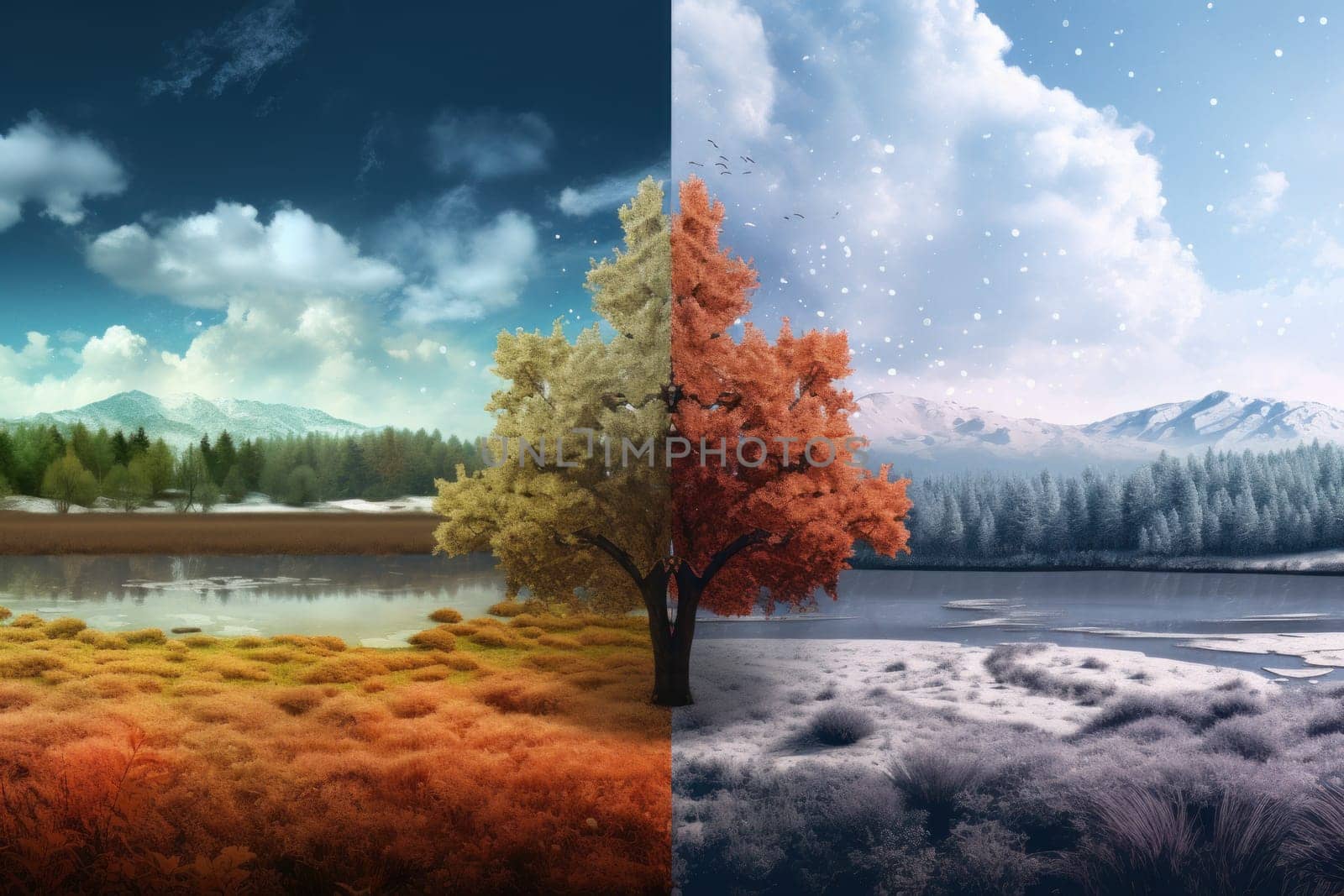 Abstract collage with mixed different sides of tree with changing seasons, Summer vs Winter.