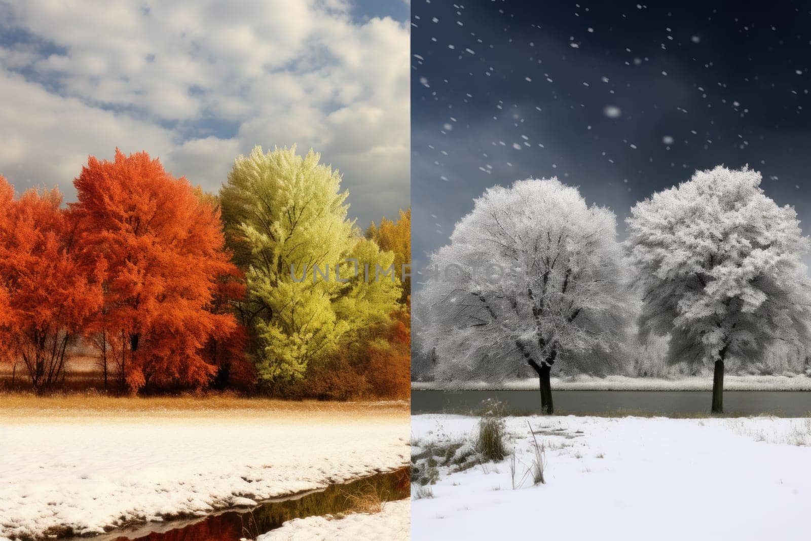 Abstract collage with mixed different sides of tree with changing seasons, Summer vs Winter.