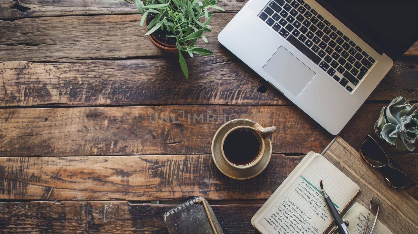 vintage working desk with coffee, coffee break and relax after work, vintage style by nijieimu