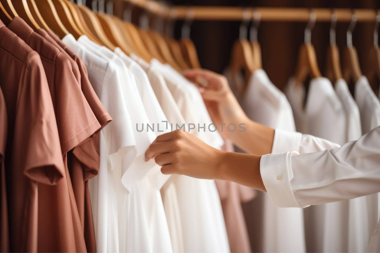 Close up of Female Hands Plucked Hanger Choosing Clothes in a Clothing Store, Generative AI.