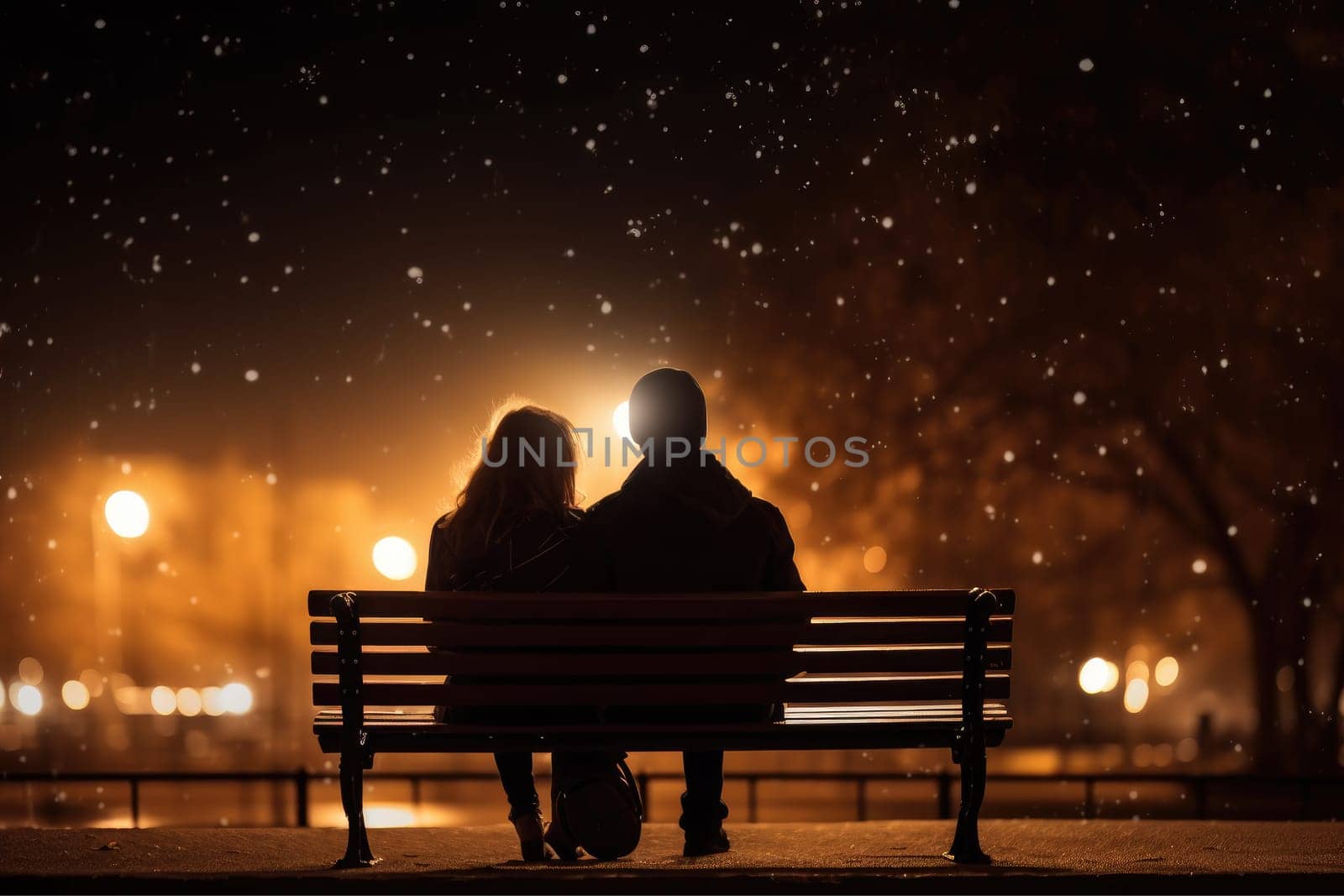 Couple in love sitting on a park bench, Romantic, holding hand, at night, AI Generative.