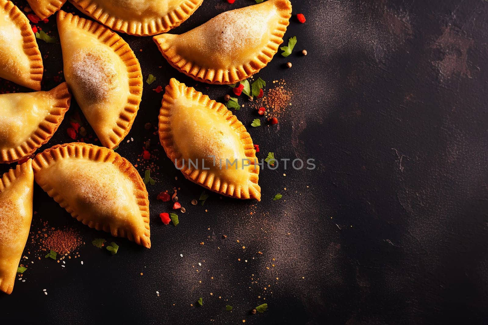Golden baked empanadas on dark surface with spices scattered around.