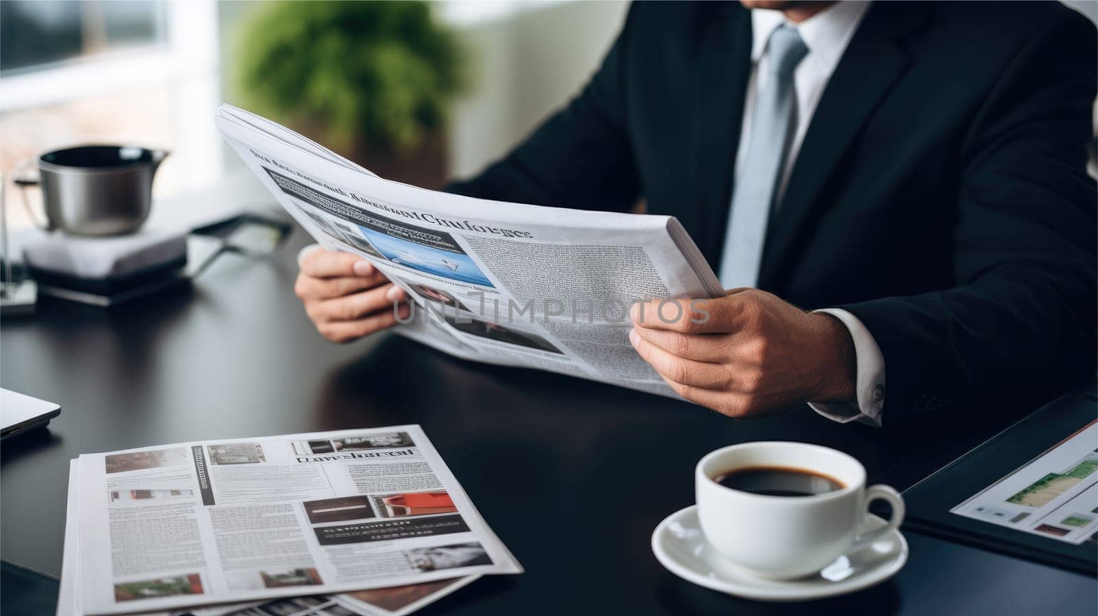 Man relaxing with coffee and newspaper, AI Generative.