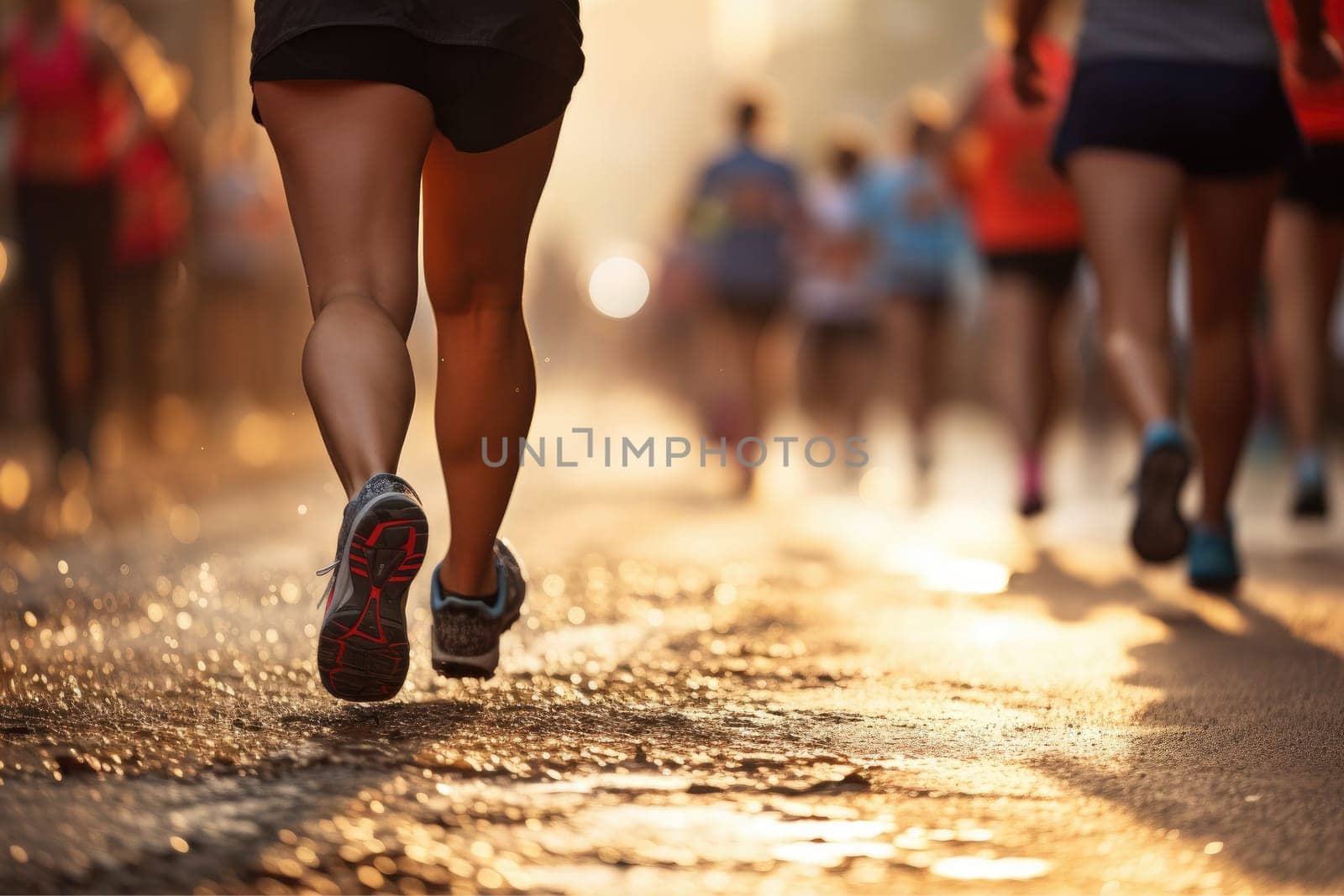 Marathon running in the light of evening, running on city road detail on legs, Athletes.