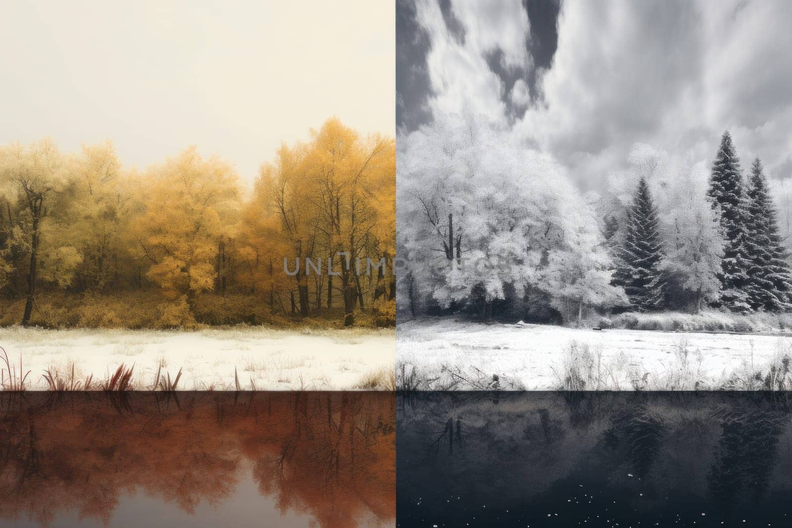 Abstract collage with mixed different sides of tree with changing seasons, Summer vs Winter.
