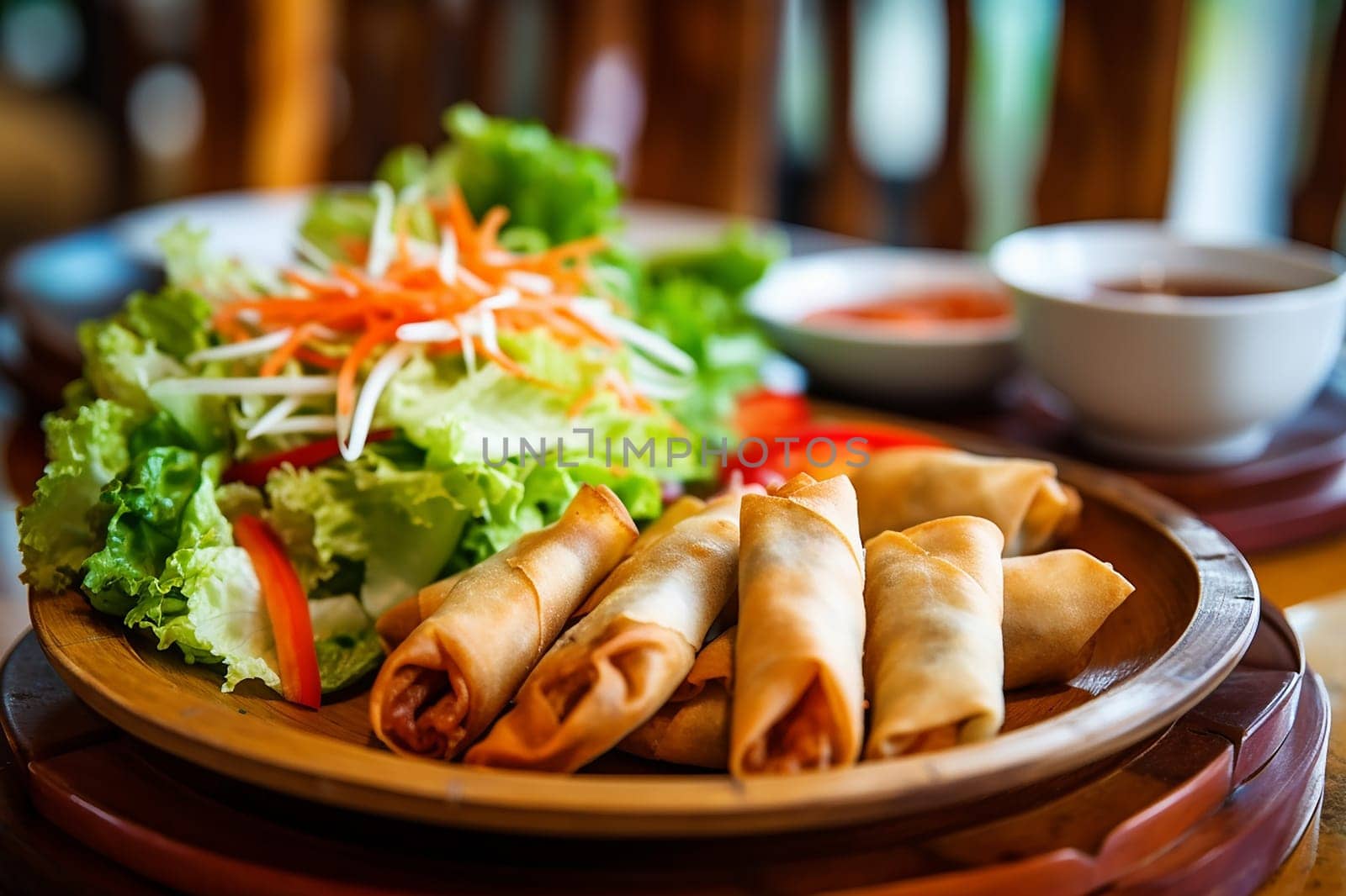 Fresh spring rolls with salad on a wooden plate beside dipping sauces.