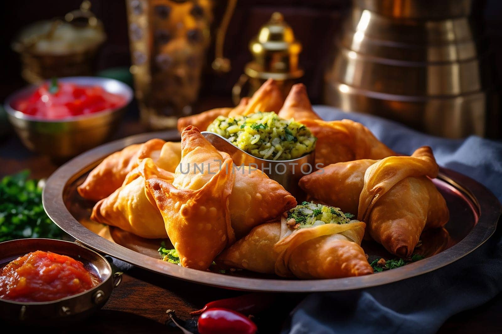 Assorted savory pastries on a copper plate with dips and a lantern.