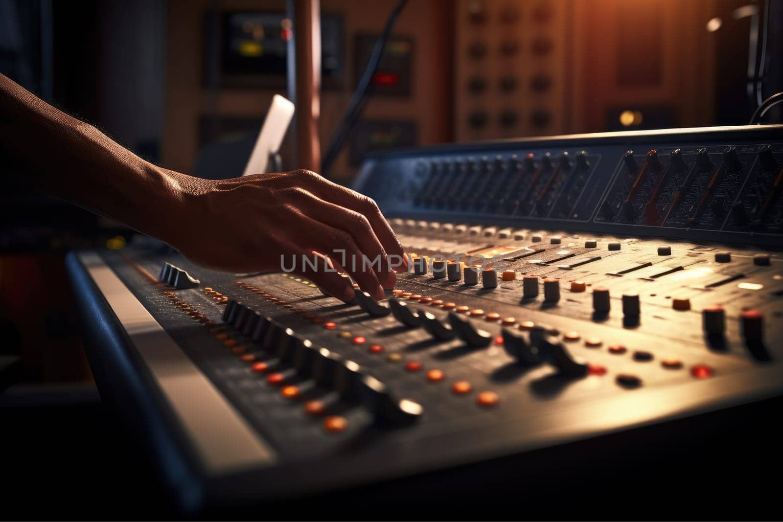 Close up of person hand on sound mixing console, buttons on audio mixer, AI Generative by nijieimu