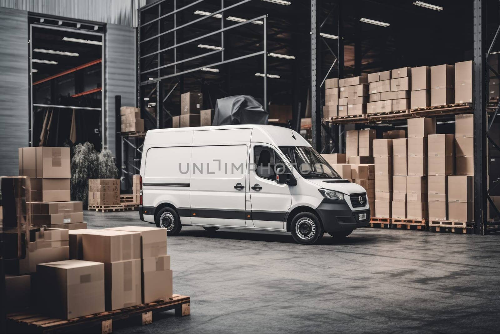 Delivery truck at warehouse for advertising, Delivery Van, Outside of Logistics Retailer Warehouse.