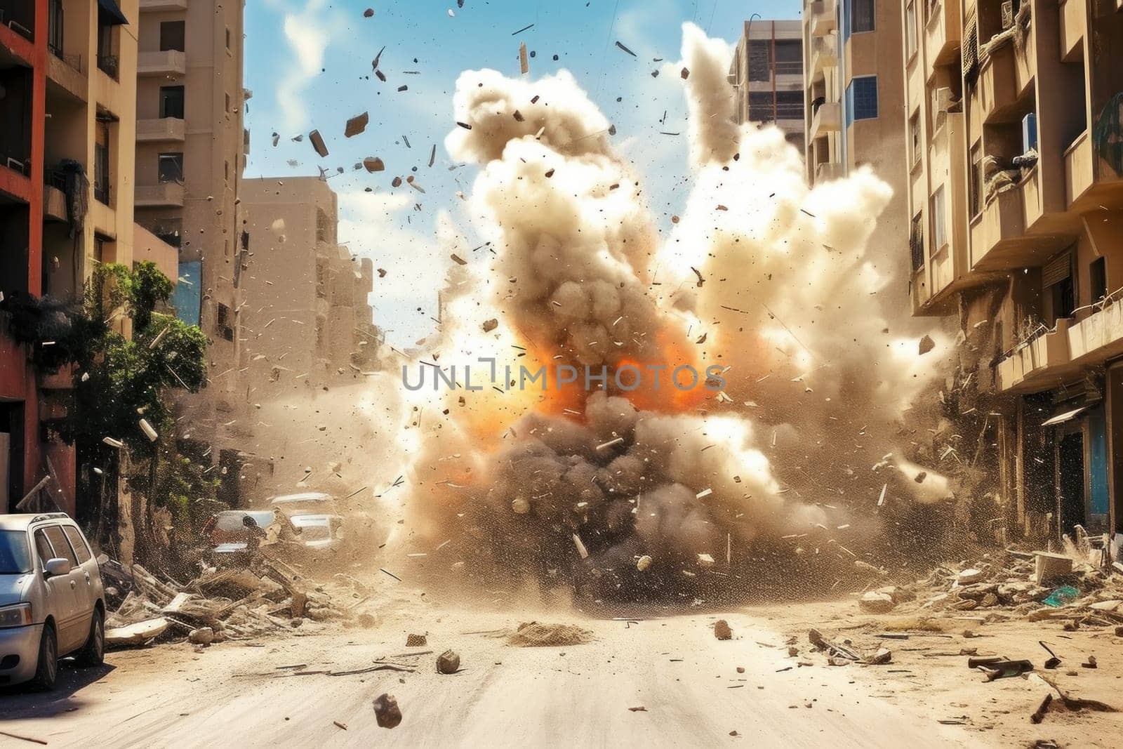 photorealistic image of a bomb explosion in a realistic war zone by nijieimu