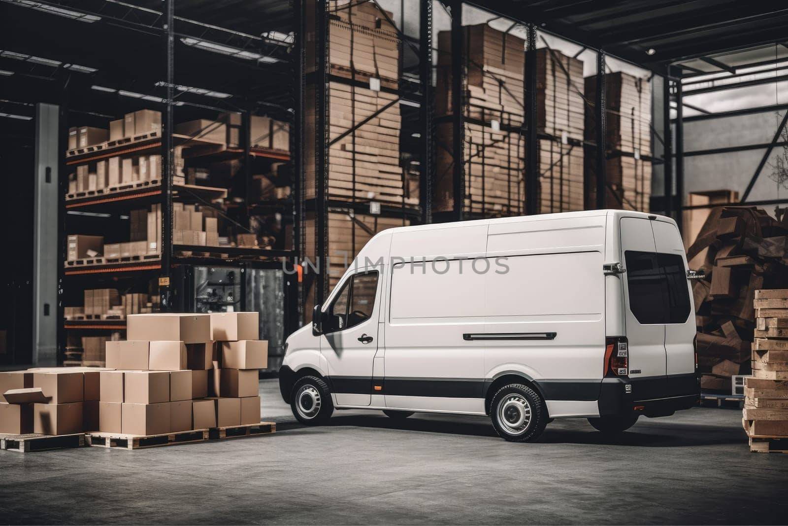 Delivery truck at warehouse for advertising, Delivery Van, Outside of Logistics Retailer Warehouse.