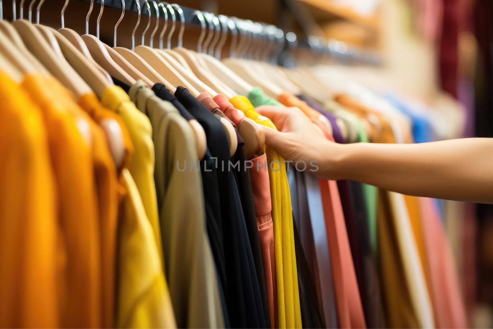 Close up of Female Hands Plucked Hanger Choosing Clothes in a Clothing Store, Generative AI by nijieimu