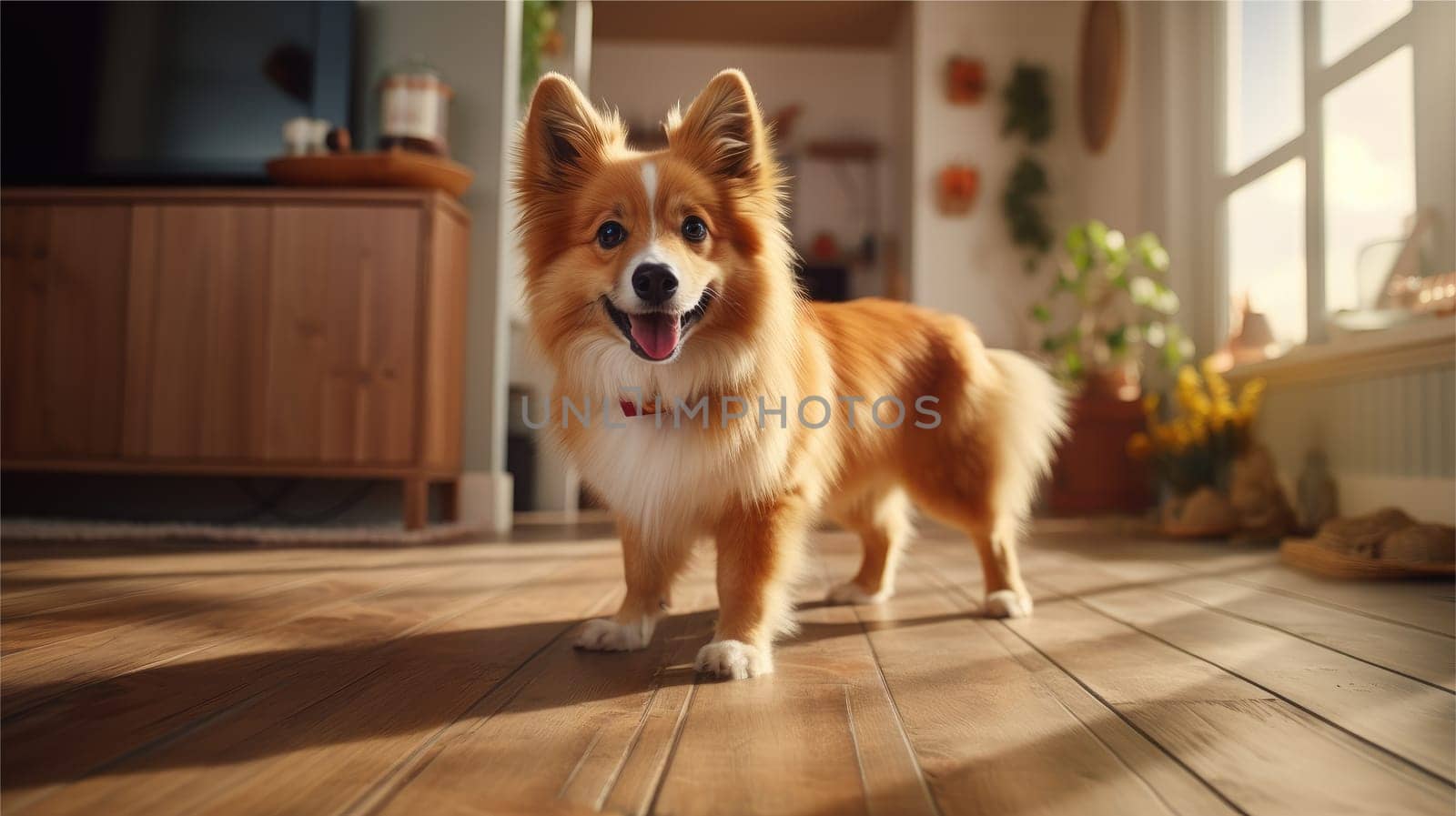 Portrait of Adorable Dog on the floor in modern room, AI Generative.