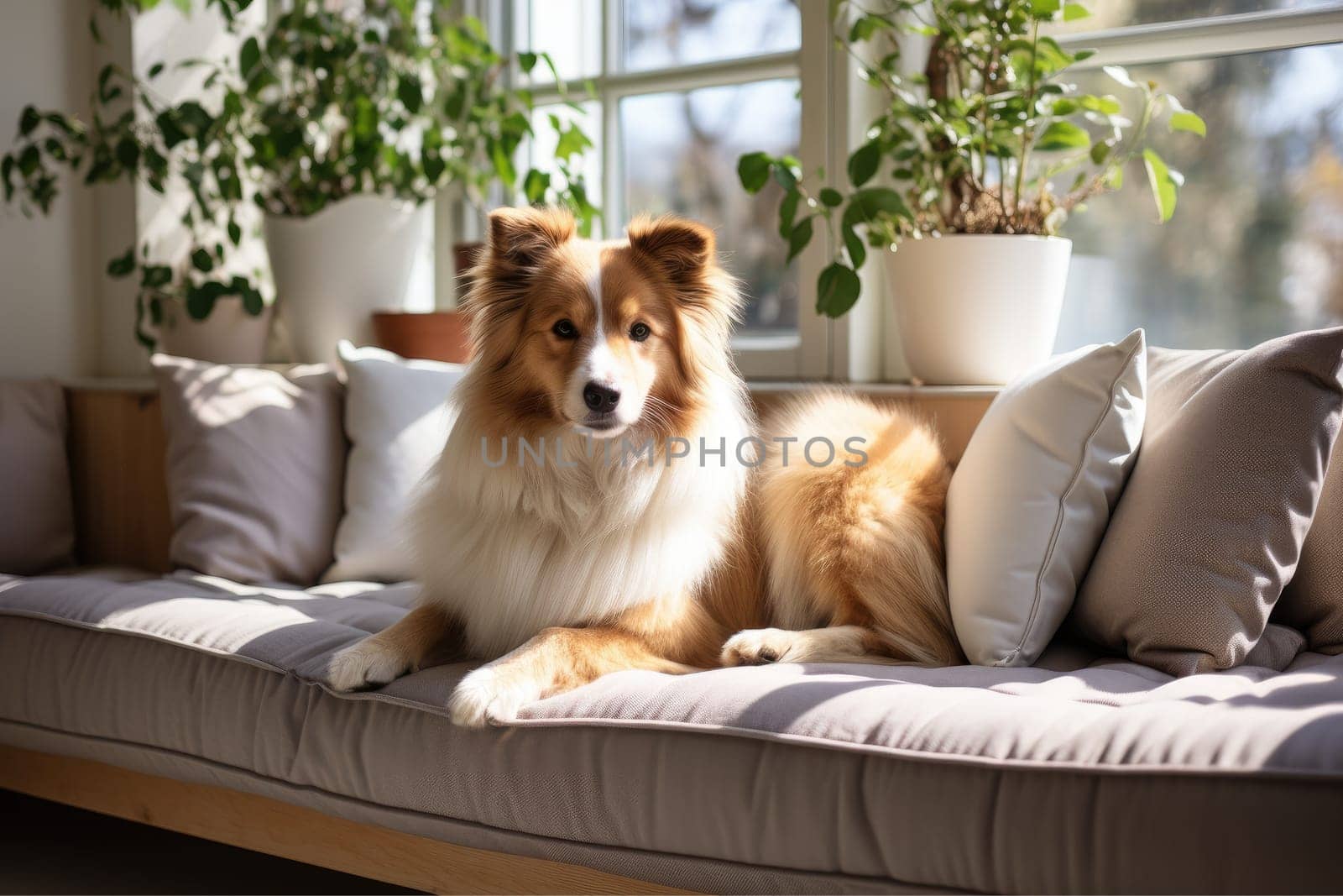 Pet on sofa, Modern living room interior, Cute Dog near couch, AI Generative.