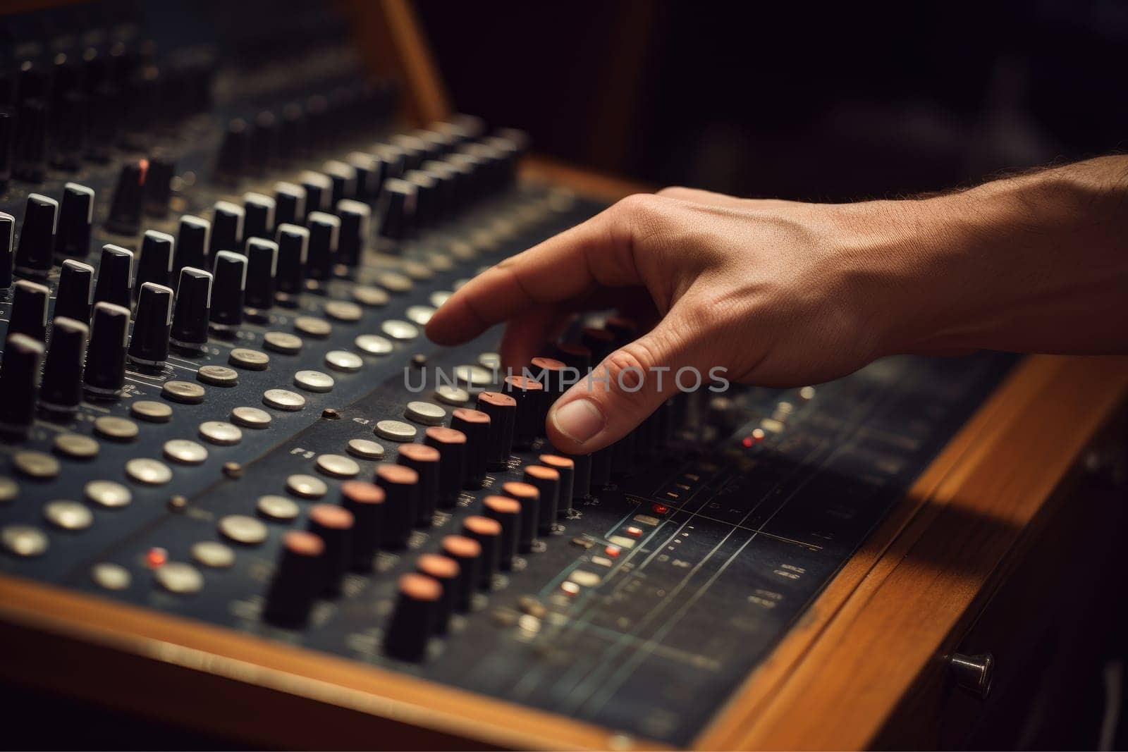 Close up of person hand on sound mixing console, buttons on audio mixer, AI Generative by nijieimu