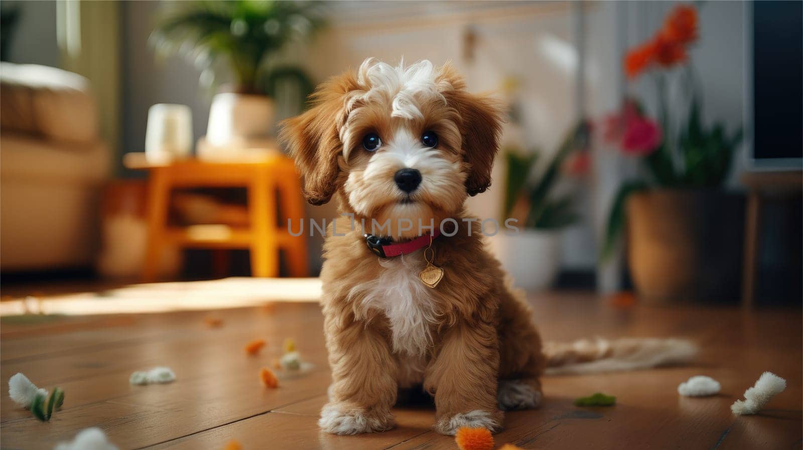Portrait of Adorable Dog on the floor in modern room, AI Generative.