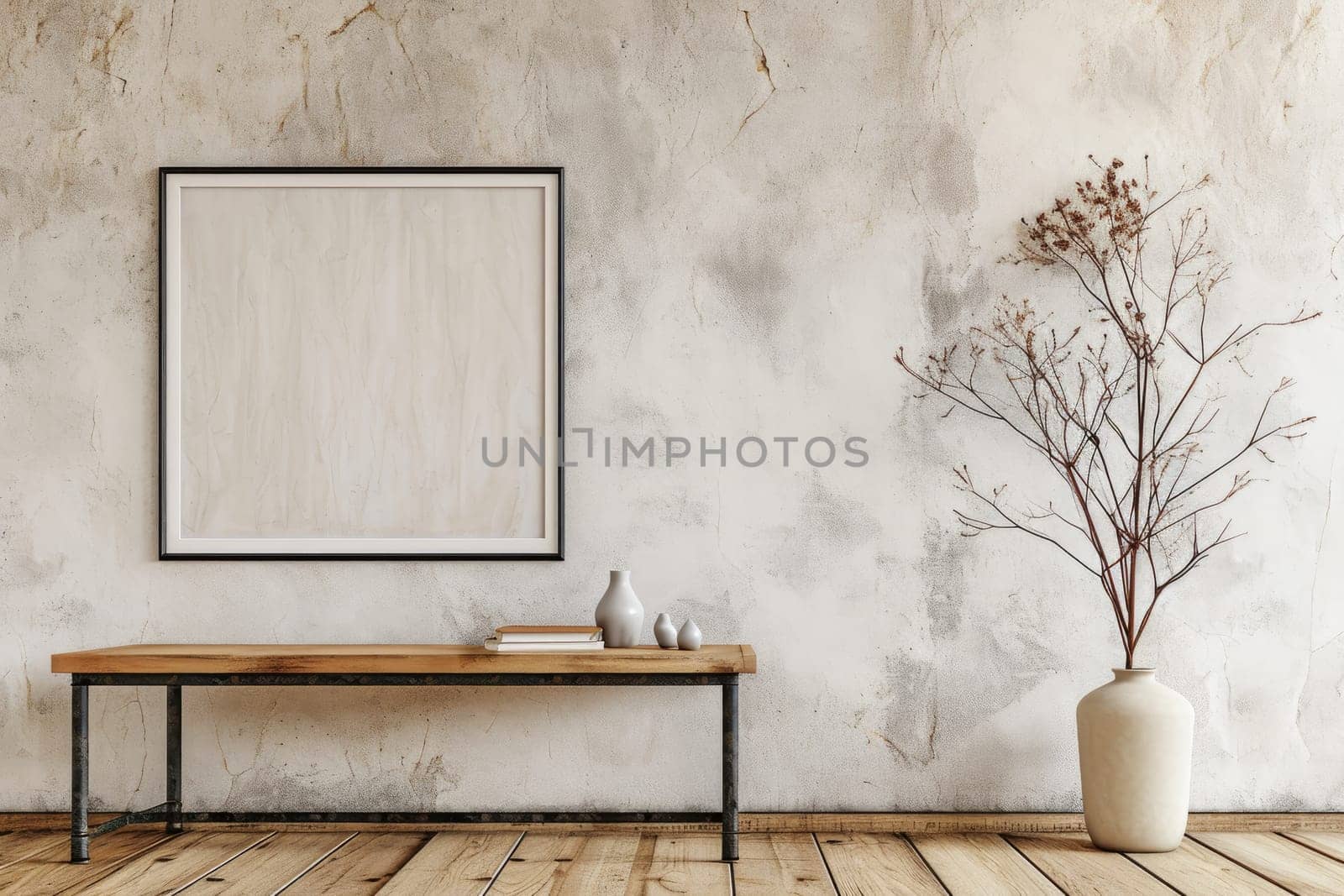 Mock up canvas poster on molding wall in minimal living room.