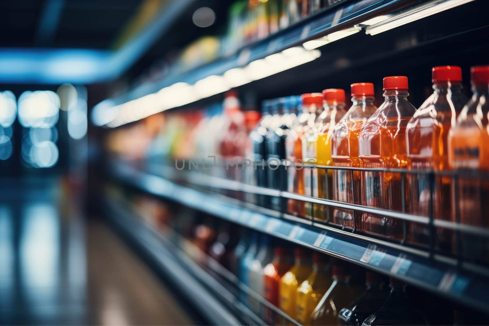 Abstract blurred supermarket shopping mall, supermarket aisle with colorful shelves, AI Generative.