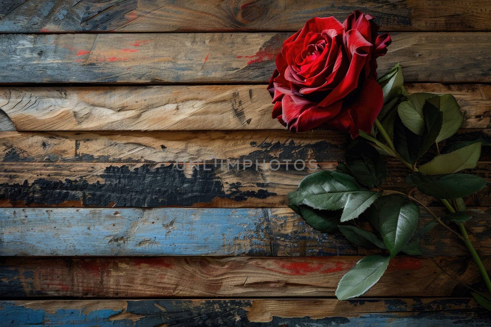 Rustic wooden background with a Valentine's theme with rose, Greeting card with copy space.