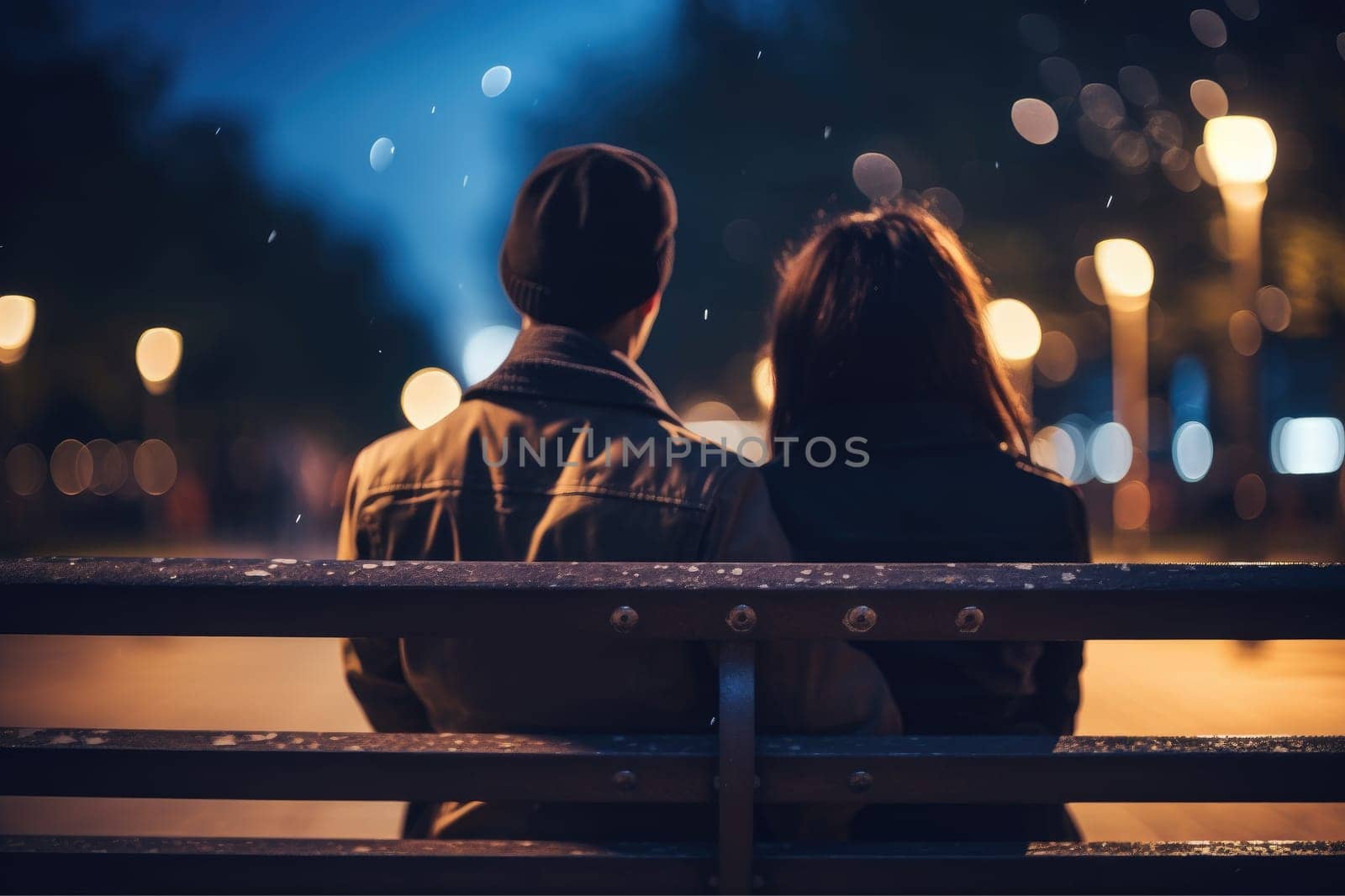 Couple in love sitting on a park bench, Romantic, holding hand, at night, AI Generative.