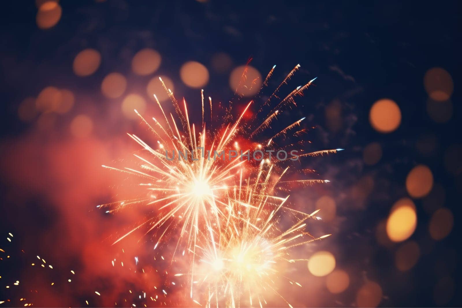 Bokeh fireworks lighting up the night sky, AI Generative.