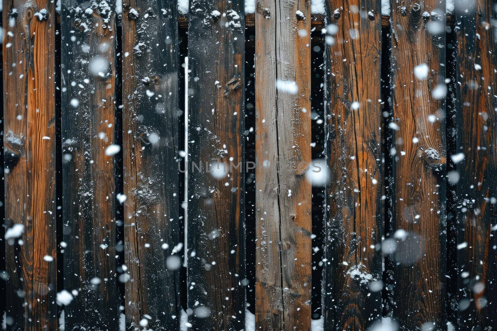 Rustic wooden background with a winter scene and many wooden slats with copy space.