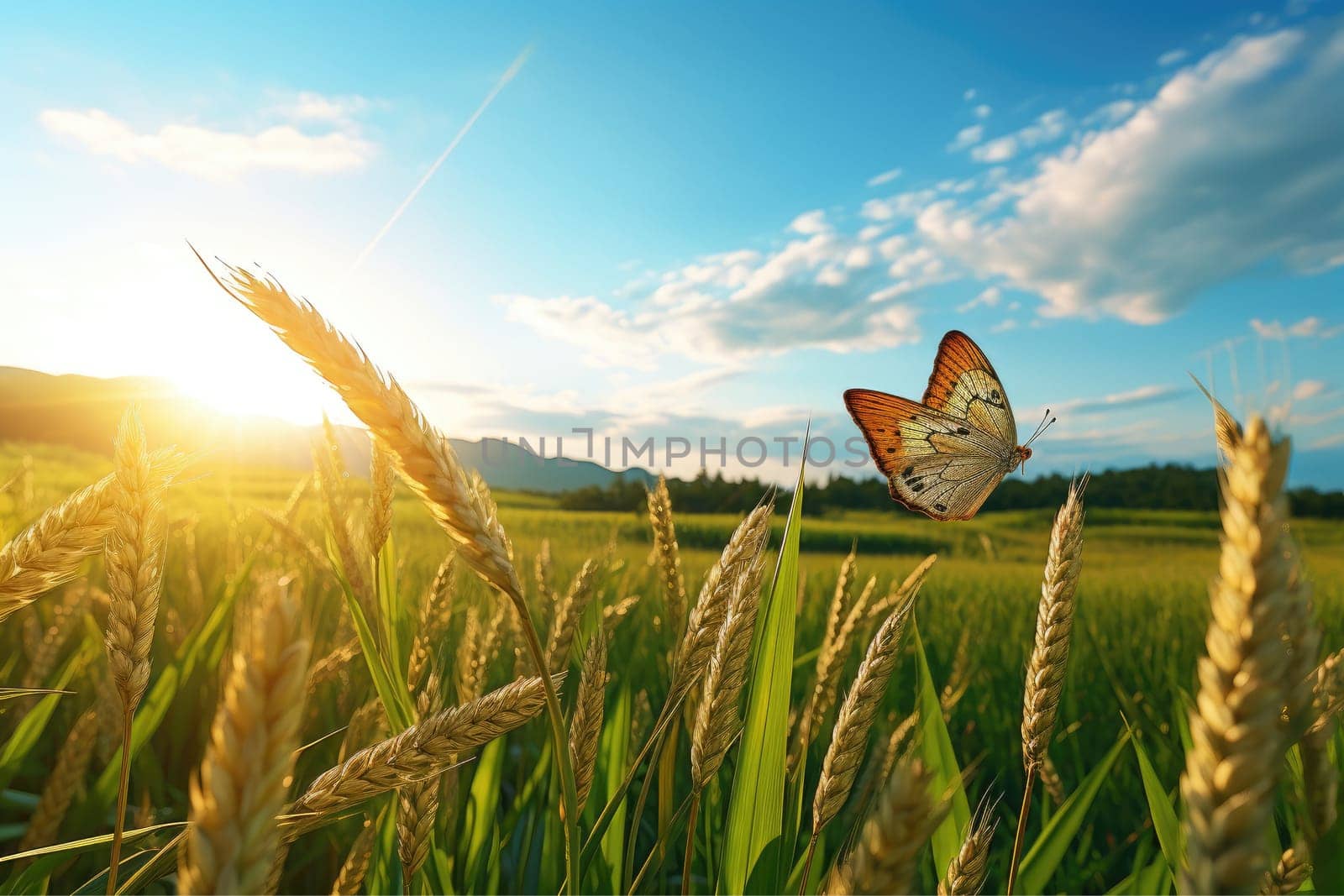 Early morning beautiful view of rice ears in a rice paddy and Guest On Paddy Field, AI Generative.