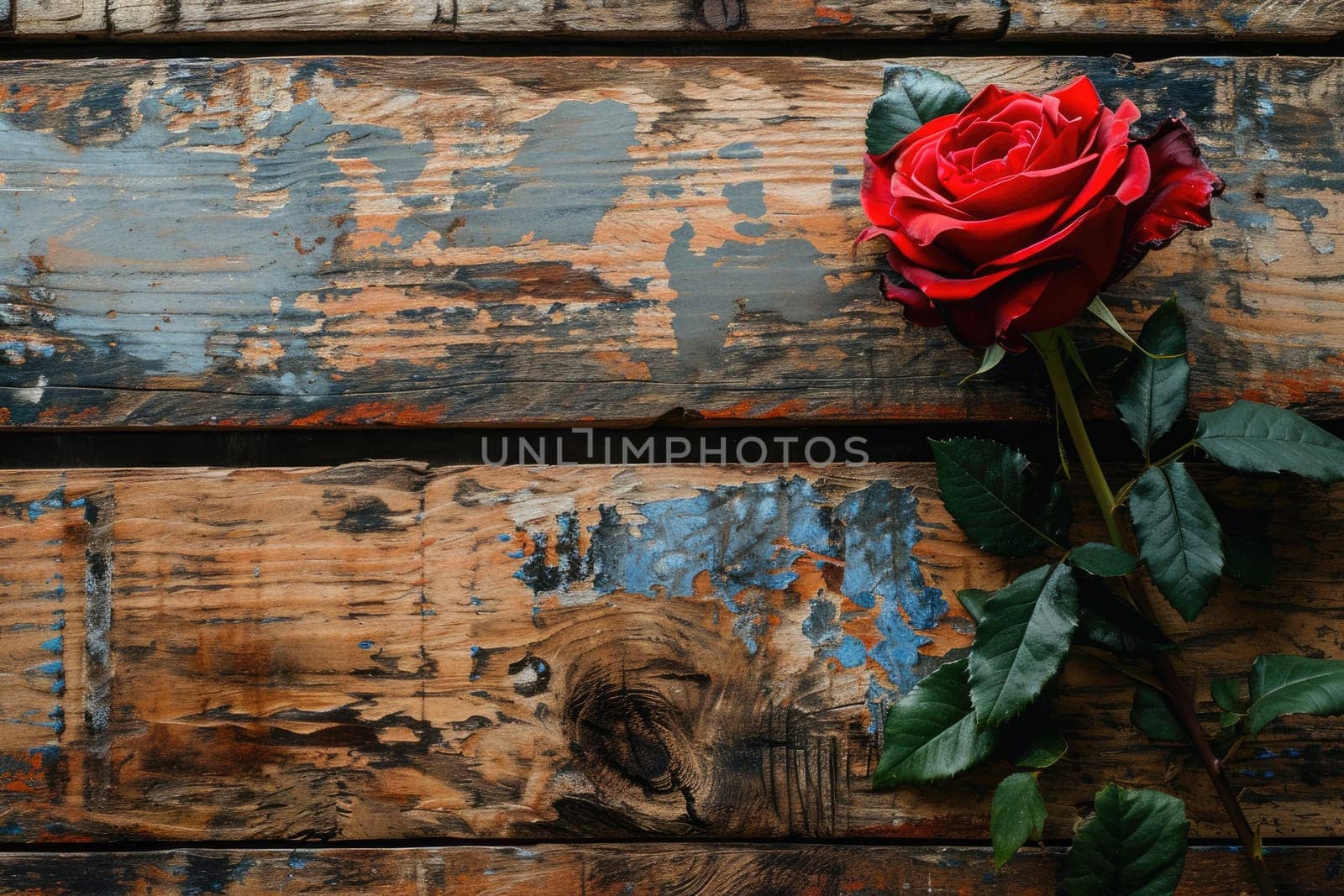 Rustic wooden background with a Valentine's theme with rose, Greeting card with copy space.