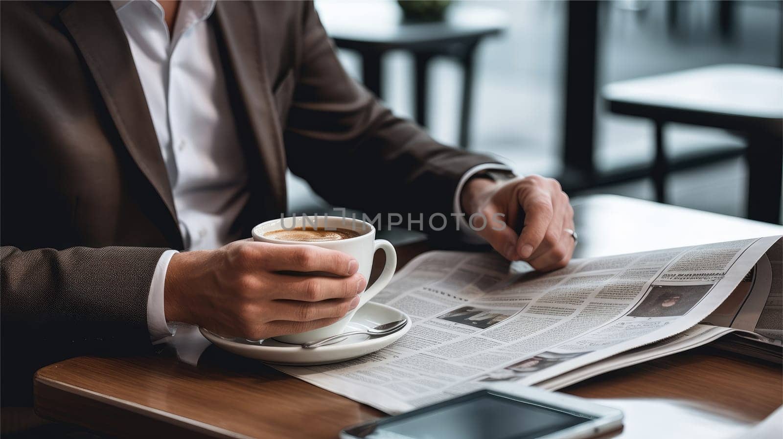 Man relaxing with coffee and newspaper, AI Generative.