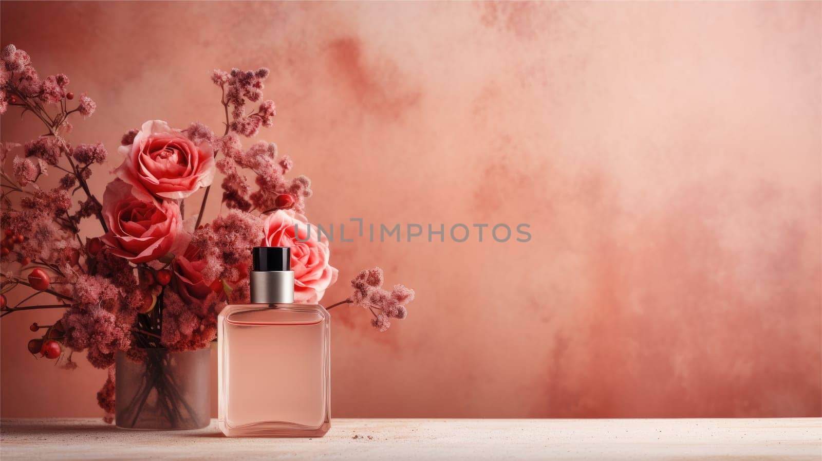 Mockup Perfume bottle with flower minimalism texture photography, Showcase Product, AI Generative by nijieimu