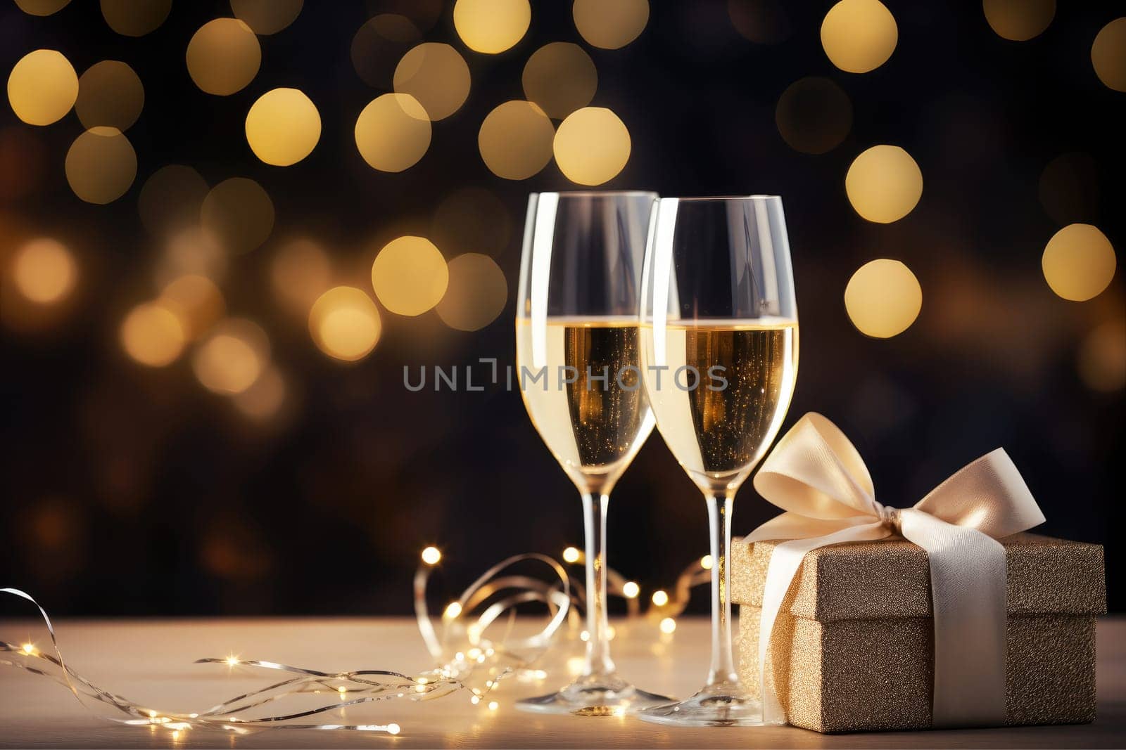 Two glasses of champagne with elegantly curved divine gift ribbon, bokeh background, AI Generative.