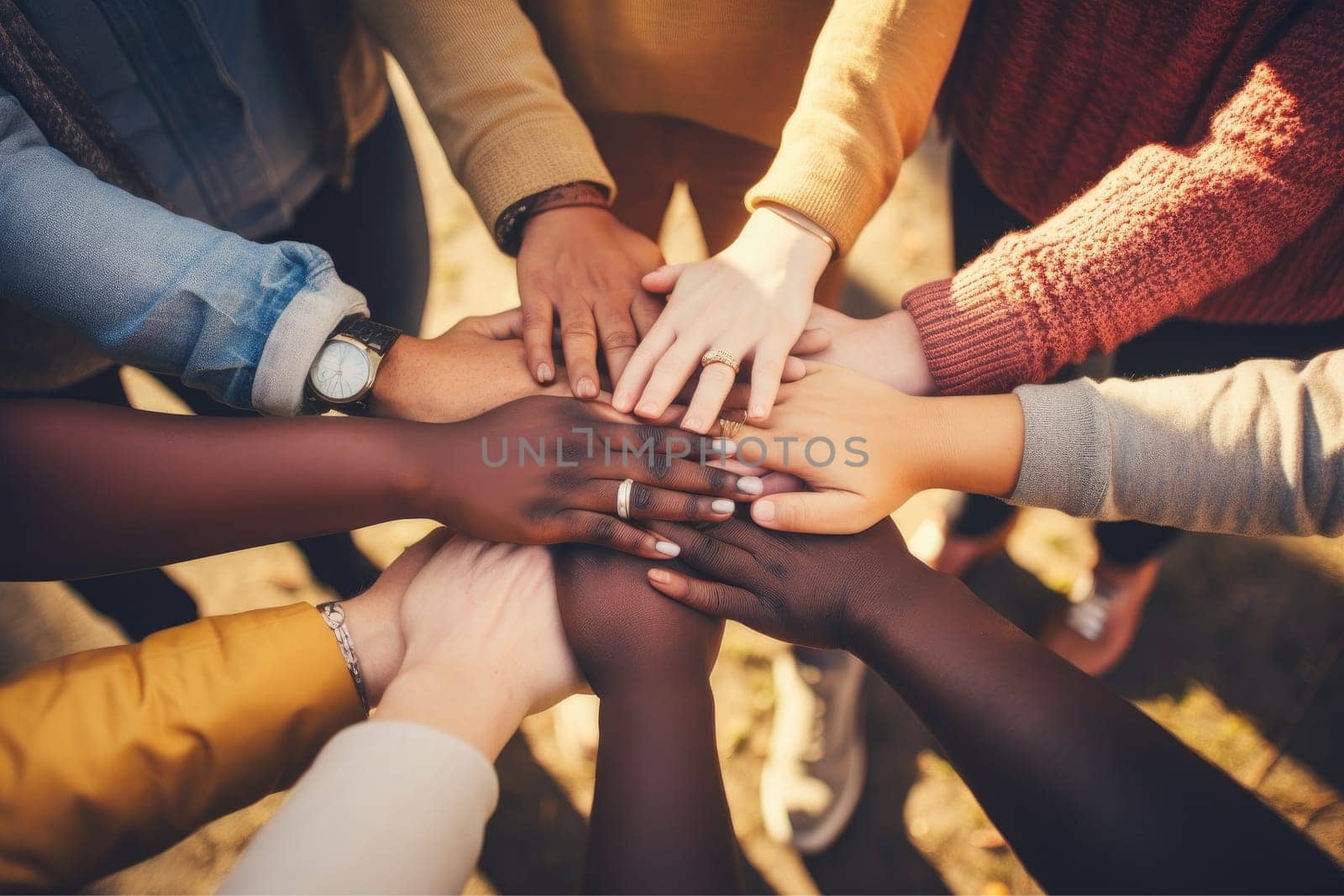 No room for racism, Many hands of different races and ethnicities. United for equality.