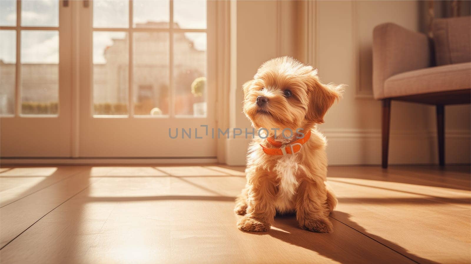 Portrait of Adorable Dog on the floor in modern room, AI Generative.
